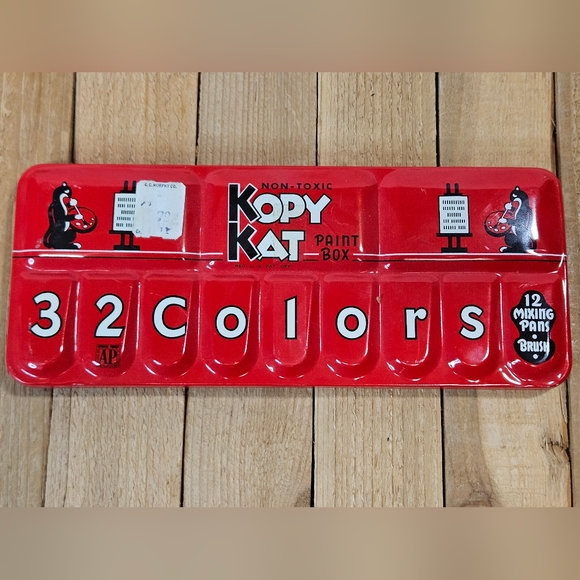 VINTAGE 1930S KOPY KAT PAINT BOX 32 COLORS 12 MIXING PANSNEAR NEW WATERCOLOR